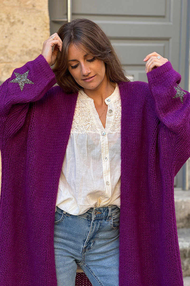 Grape Drop-Sleeve Knit Duster with Star Studded Cuffs