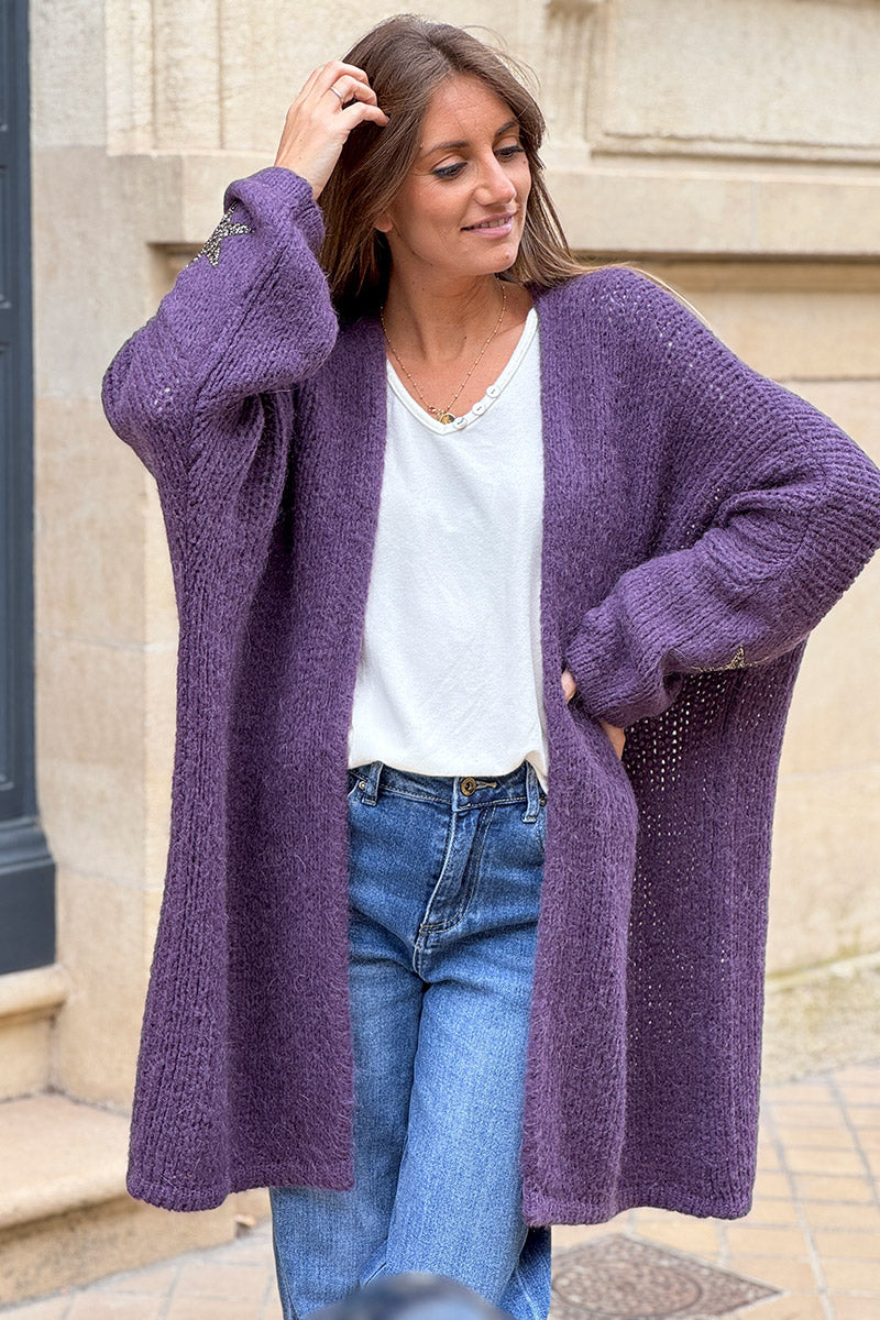 Purple Drop-Sleeve Knit Duster with Star Studded Cuffs