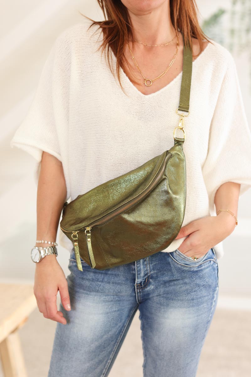 Grand sac banane cuir kaki brillant h004 (1)