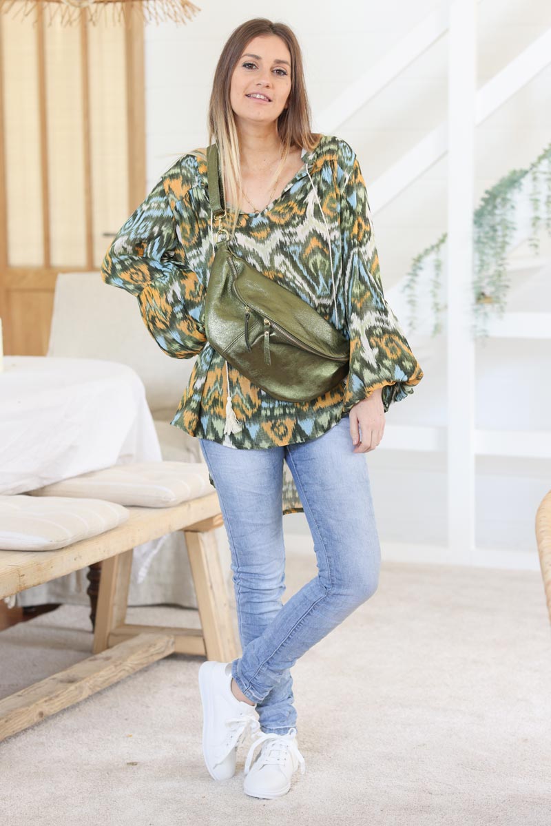 Grand sac banane cuir kaki brillant h004 (1)