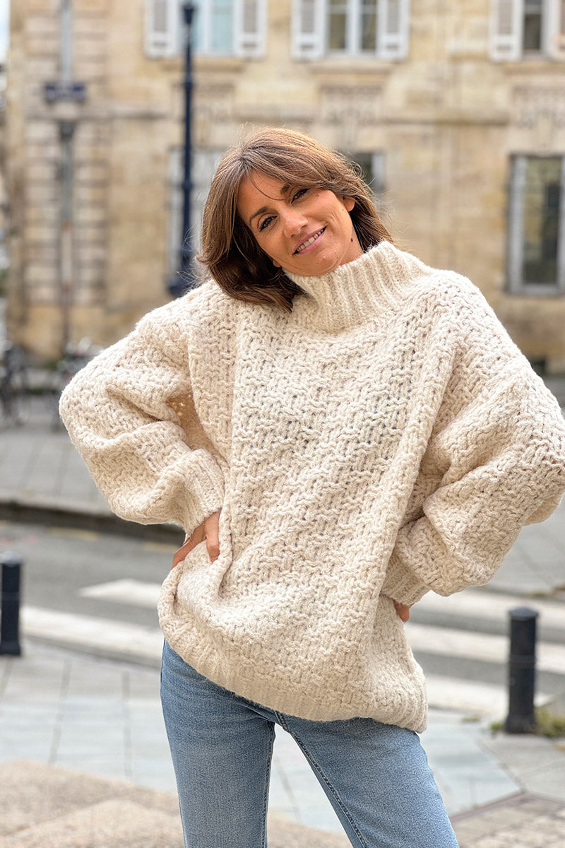 Cream Chain Knit Wool Blend Sweater