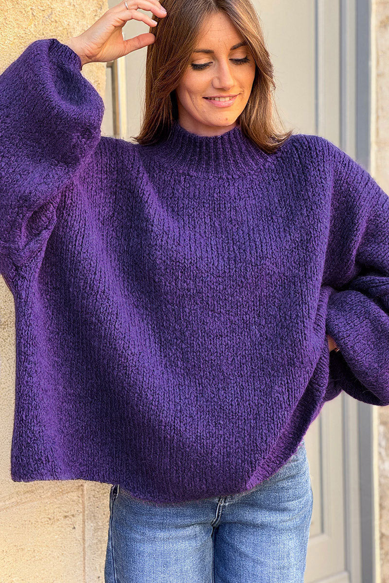 Purple Chunky Knit Sweater Oversized and Funnel Neck