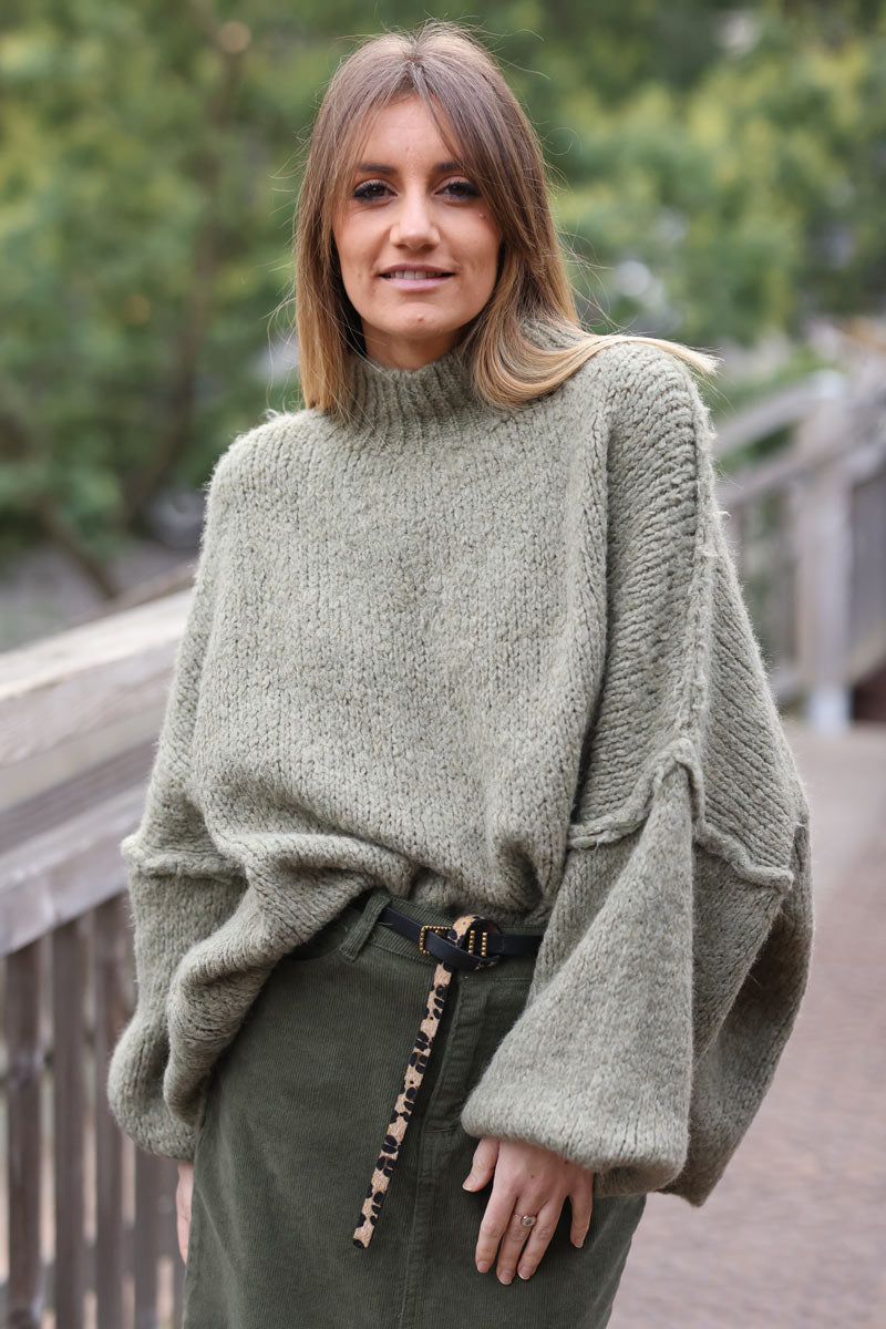 Summer khaki chunky knit jumper oversized and funnel neck