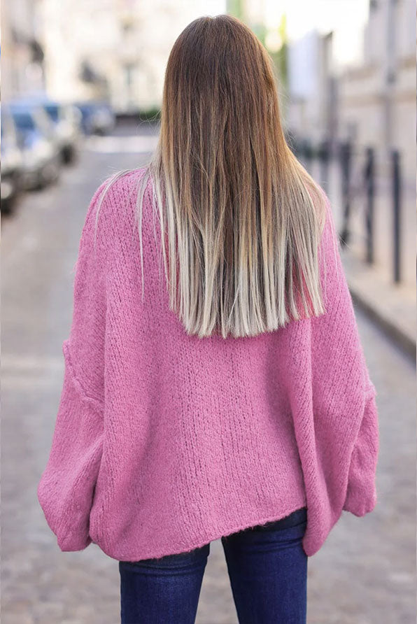 Pink chunky knit sweater oversized and funnel neck