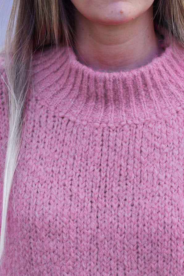 Pink chunky knit sweater oversized and funnel neck