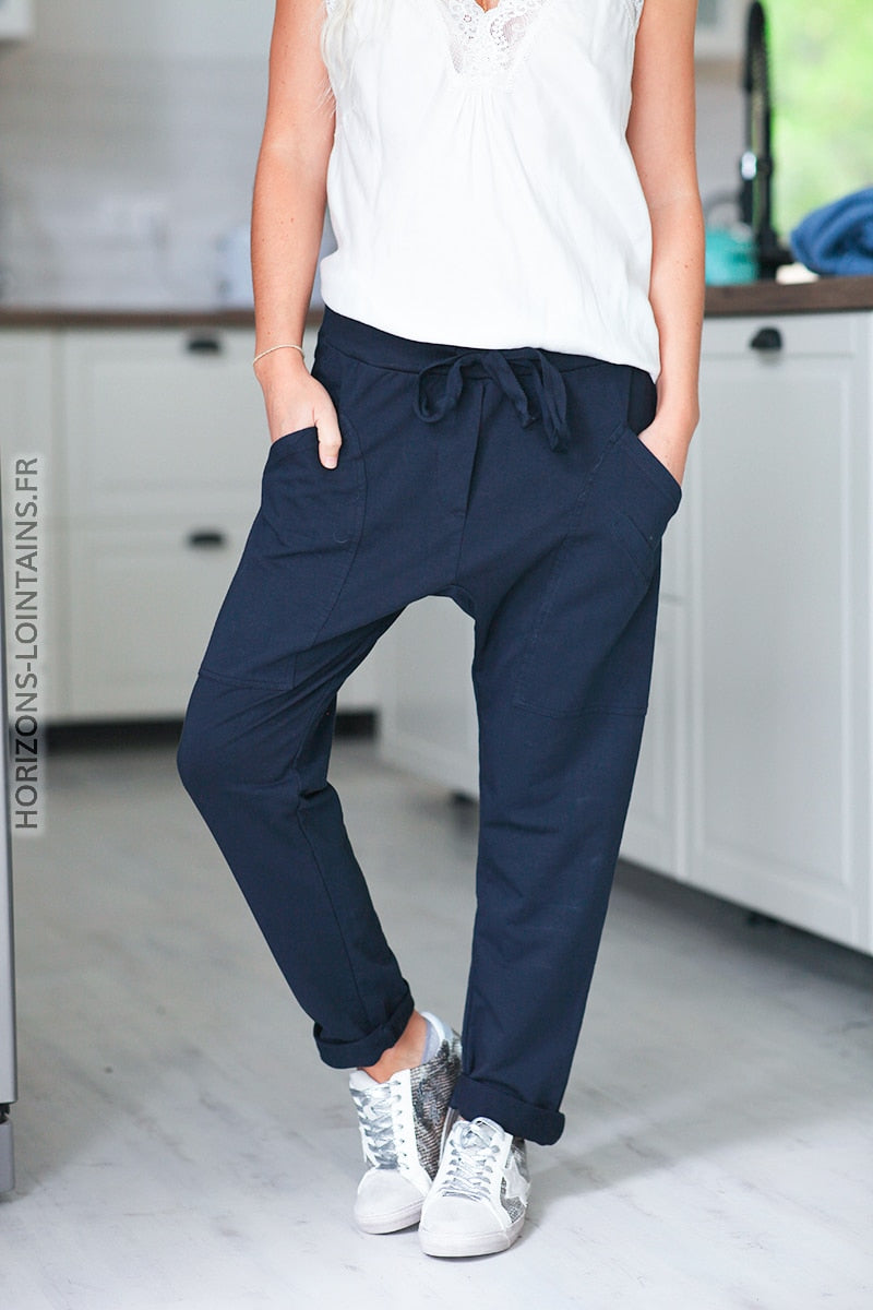 Pantalon de jogging urbain poches pour femme bleu marine