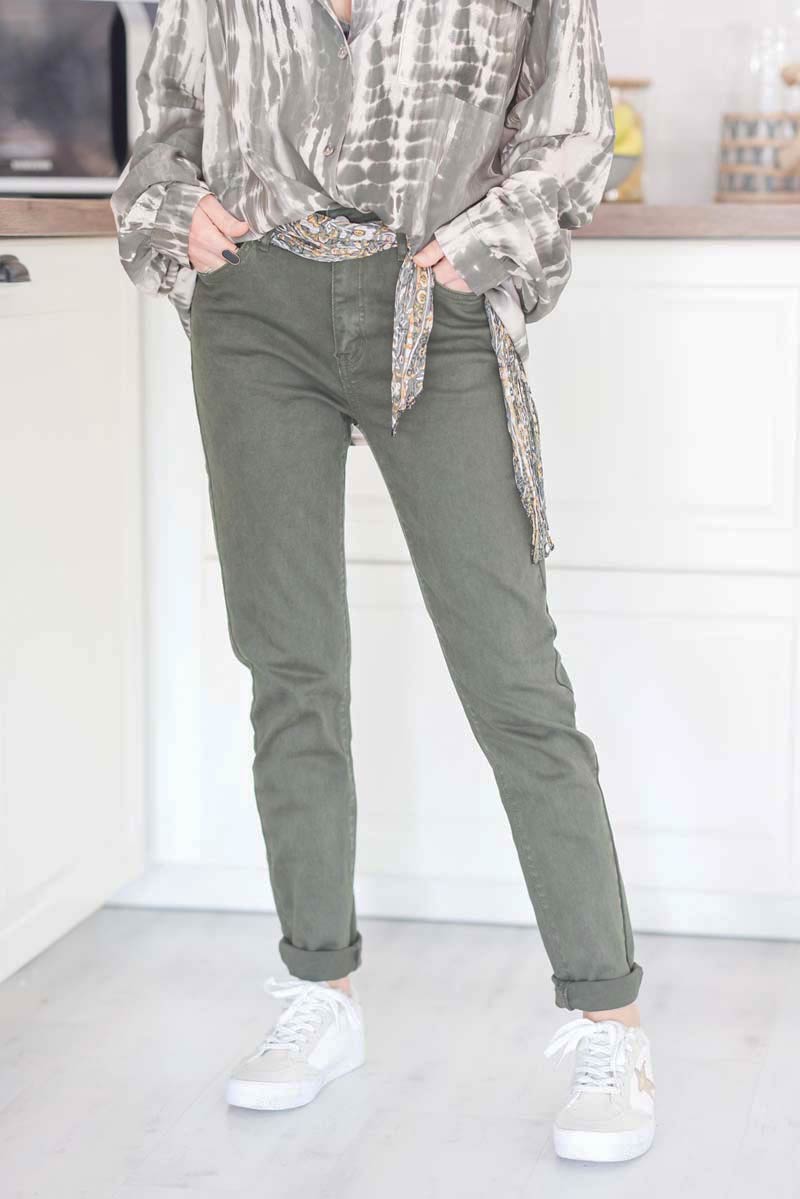 Jean basique kaki ceinture florale avec dore E185 (1)