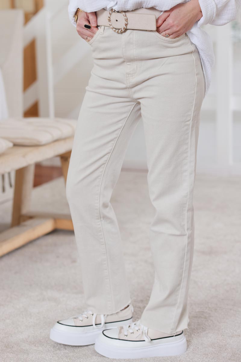 Jean beige taille haute coupe droite finitions cheville destroy H033 (1)
