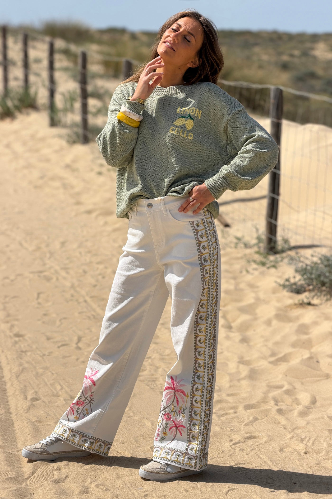 White Embroidered Tropical Border Print Wide-Leg Jeans