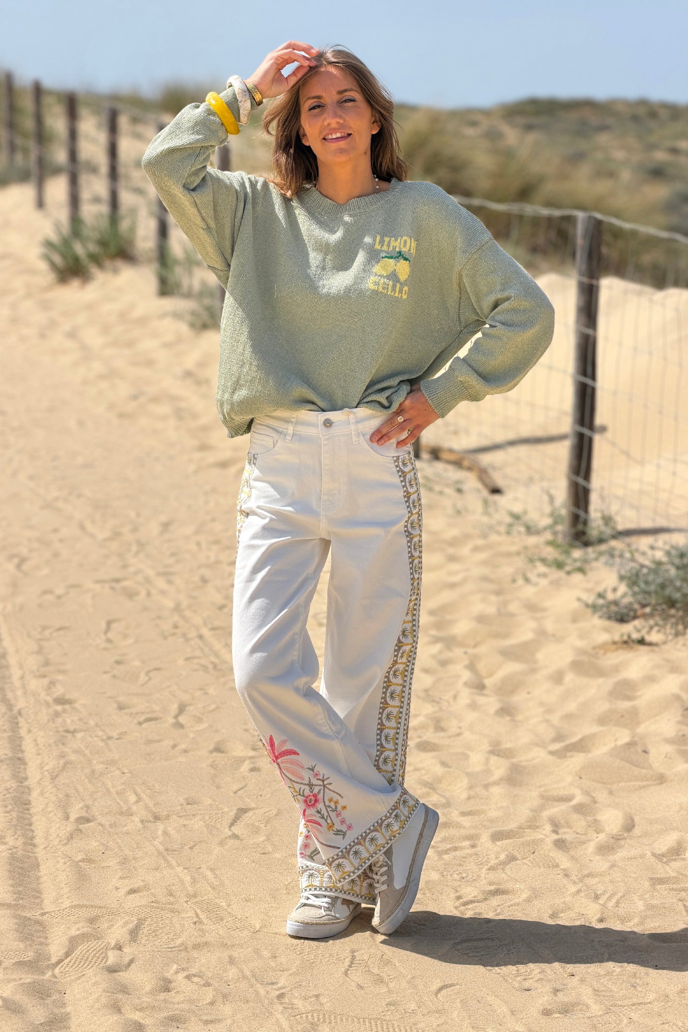 White Embroidered Tropical Border Print Wide-Leg Jeans