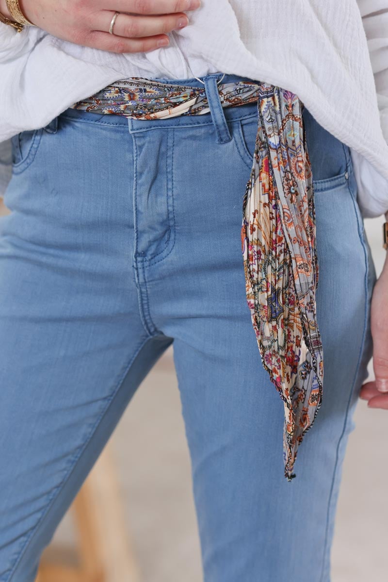 Jean bleu coupe slim ceinture foulard H006 (1)