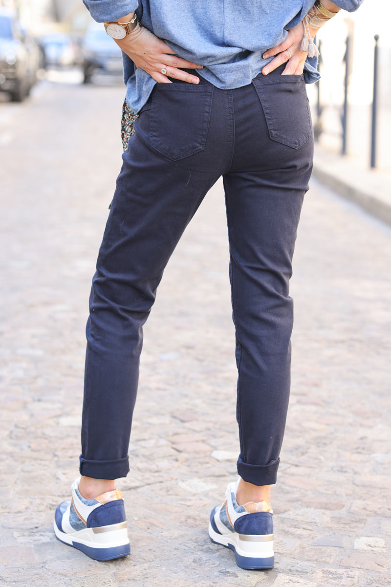 Jean bleu marine coupe slim basique ceinture foulard H138 (1)