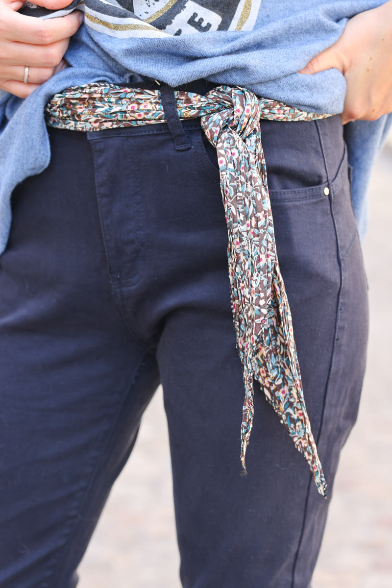 Jean bleu marine coupe slim basique ceinture foulard H138 (1)