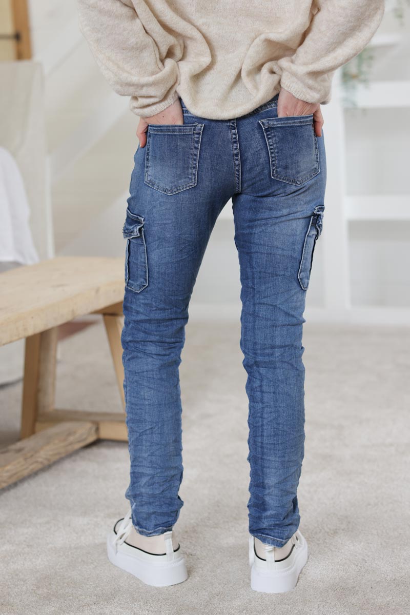 Jean cargo stretch delave grandes poches H020 (1)