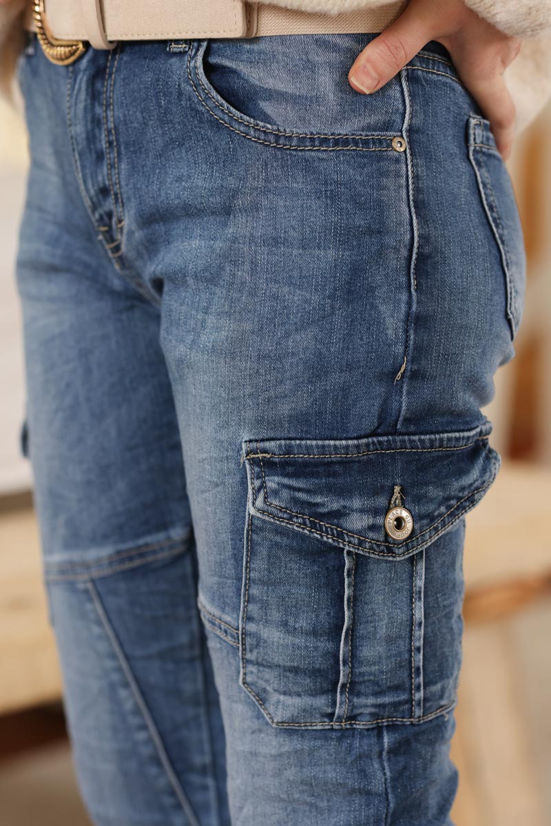 Jean cargo stretch delave grandes poches H020 (1)