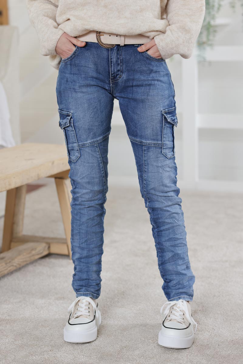 Jean cargo stretch delave grandes poches H020 (1)