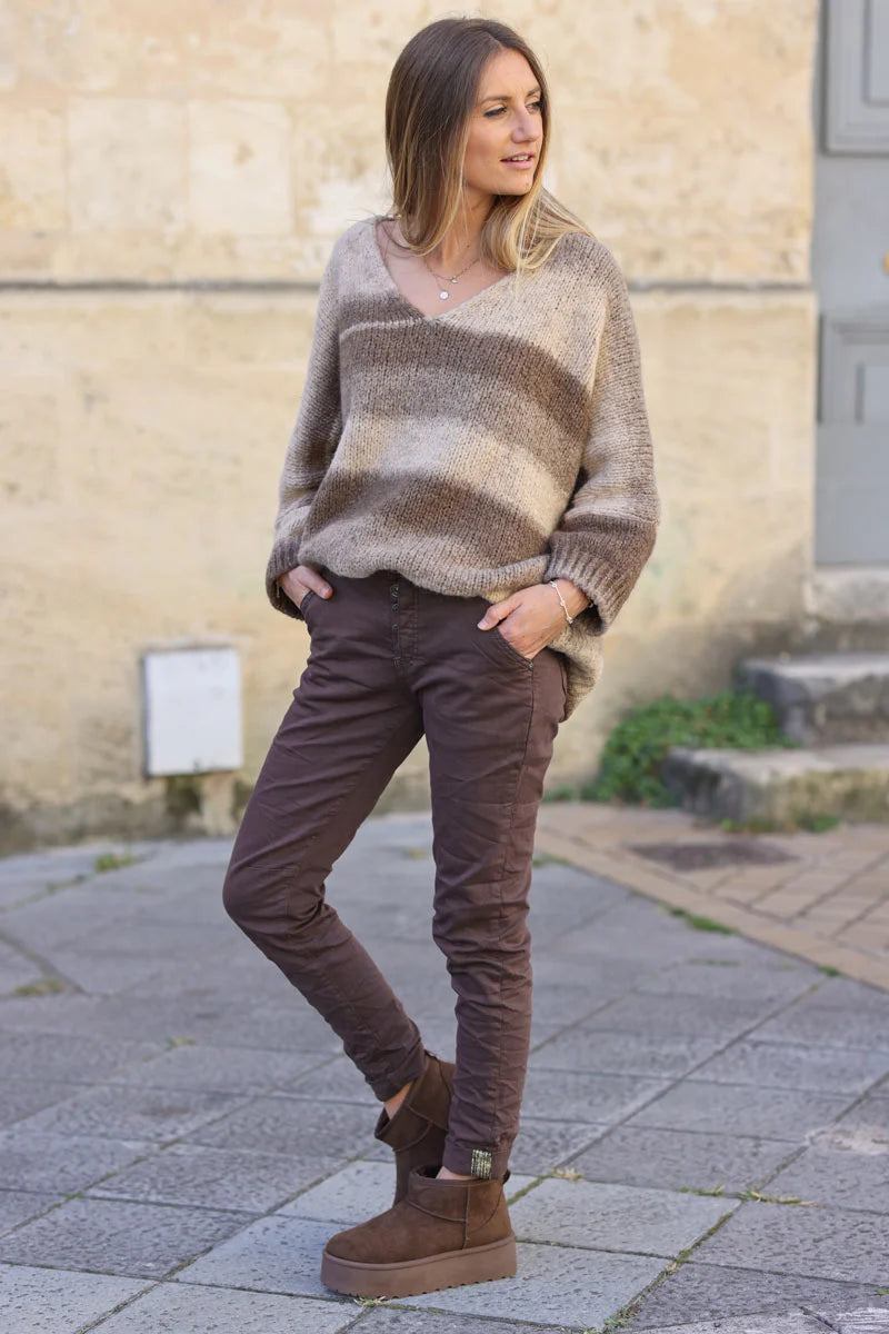 Slim fit Brown chocolate Jeans with silver ankle hem edging