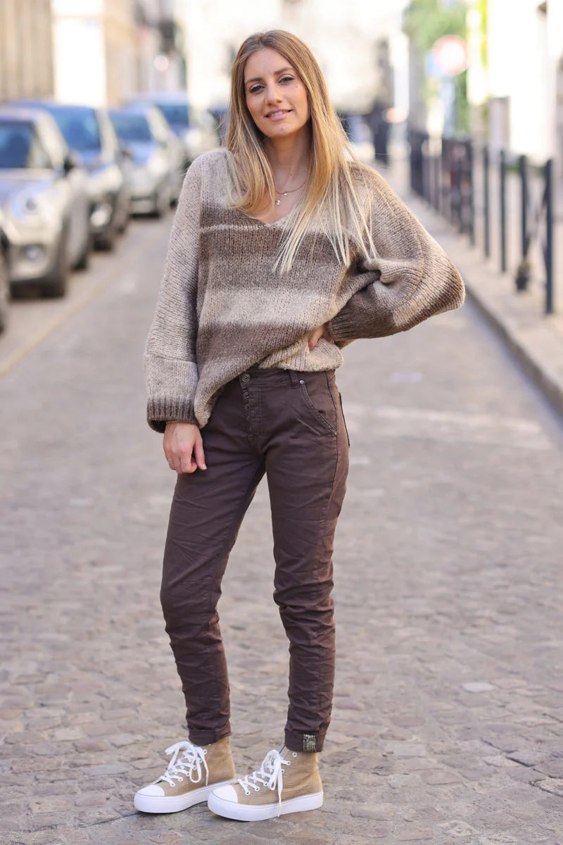 Slim fit Brown chocolate Jeans with silver ankle hem edging