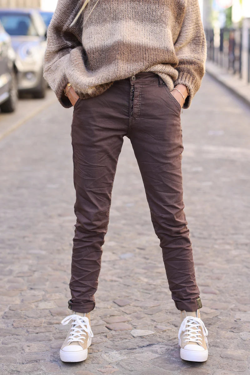 Slim fit Brown chocolate Jeans with silver ankle hem edging
