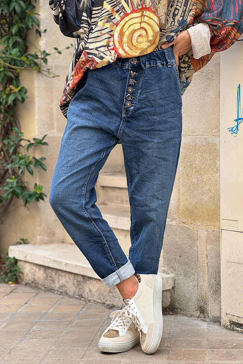 Medium Wash Jewel Button-Fly Stretch Denim Jeans
