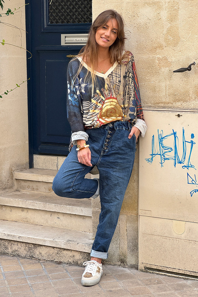 Medium Wash Jewel Button-Fly Stretch Denim Jeans