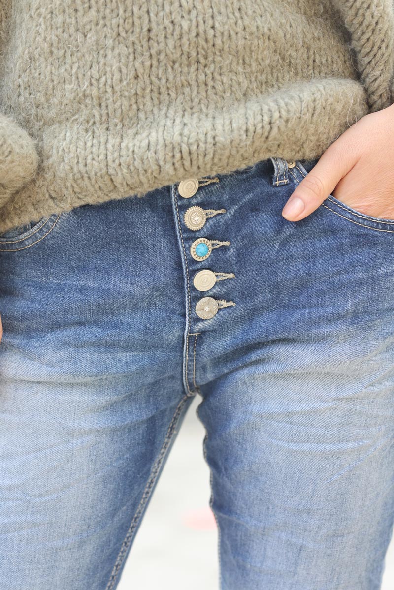 Jean coupe slim delave boutons originaux et turquoise g285 (1)