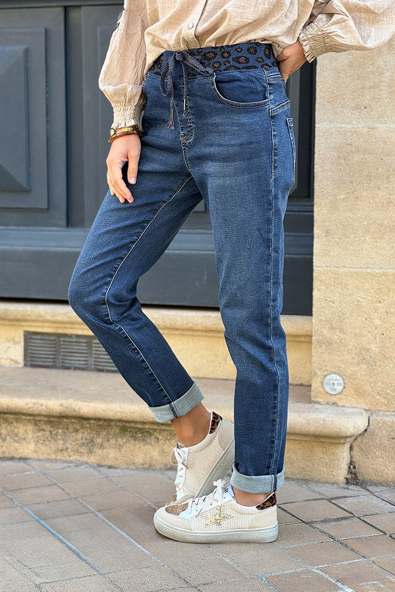 Medium Wash Jeans with Leopard Print Drawstring Waist