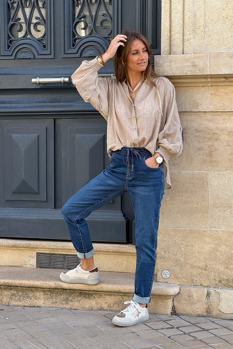 Medium Wash Jeans with Leopard Print Drawstring Waist