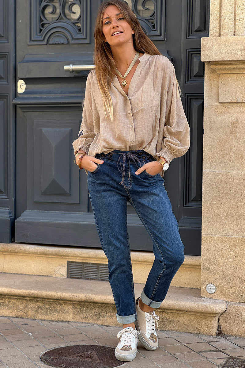 Medium Wash Jeans with Leopard Print Drawstring Waist