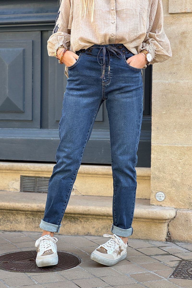 Medium Wash Jeans with Leopard Print Drawstring Waist