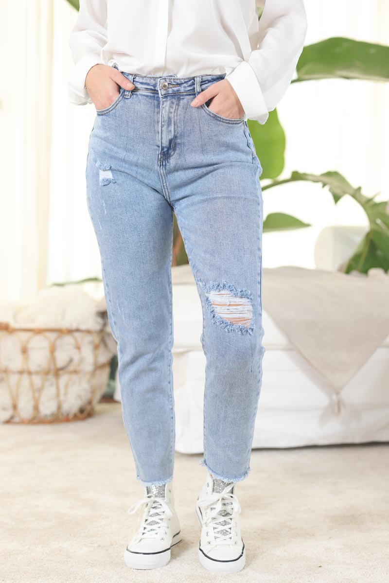 Jean delave clair dechire taille haute coupe mom g037 (1)