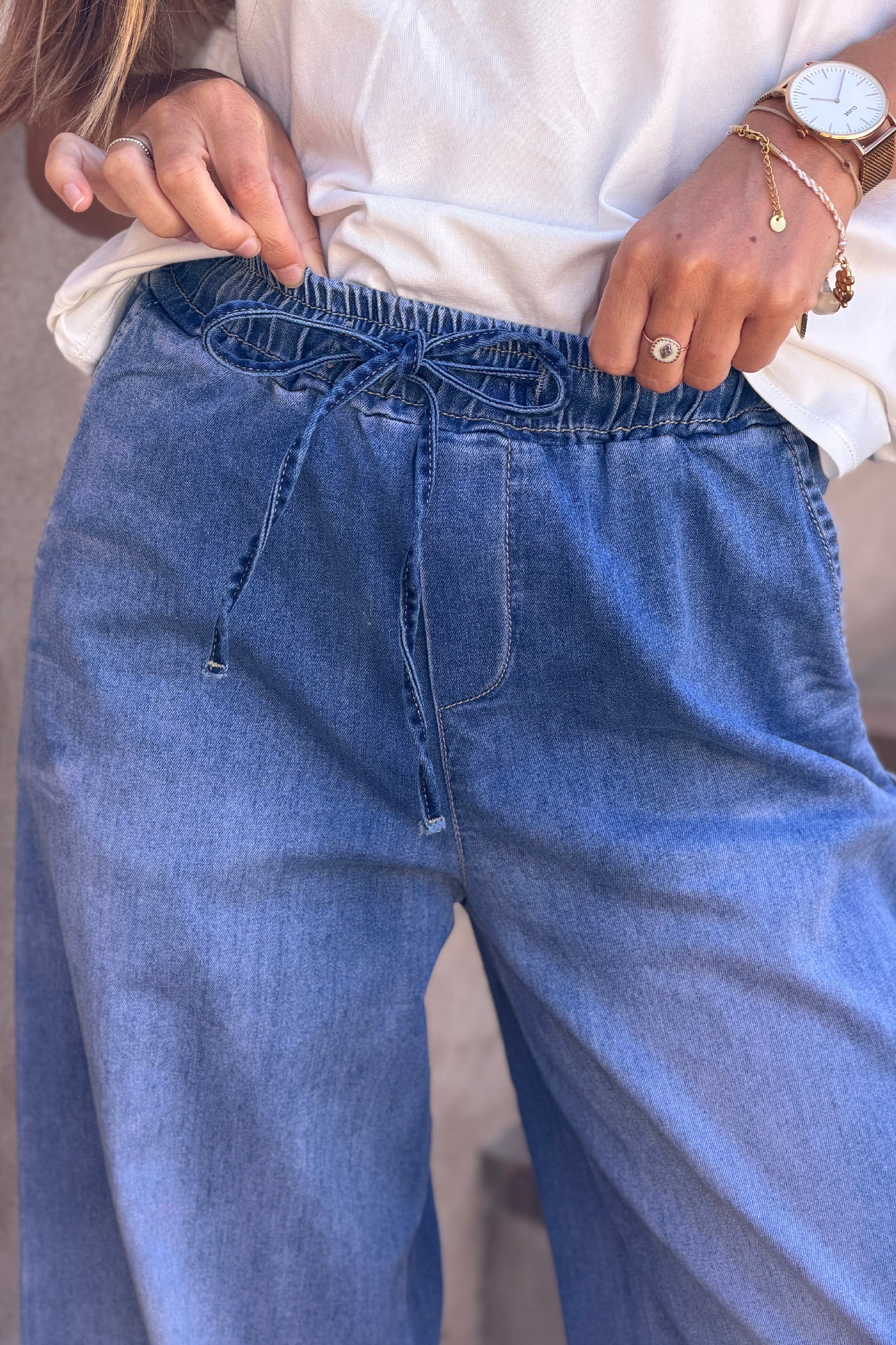 Jean délavé clair large wide avec ourlet taille élastique