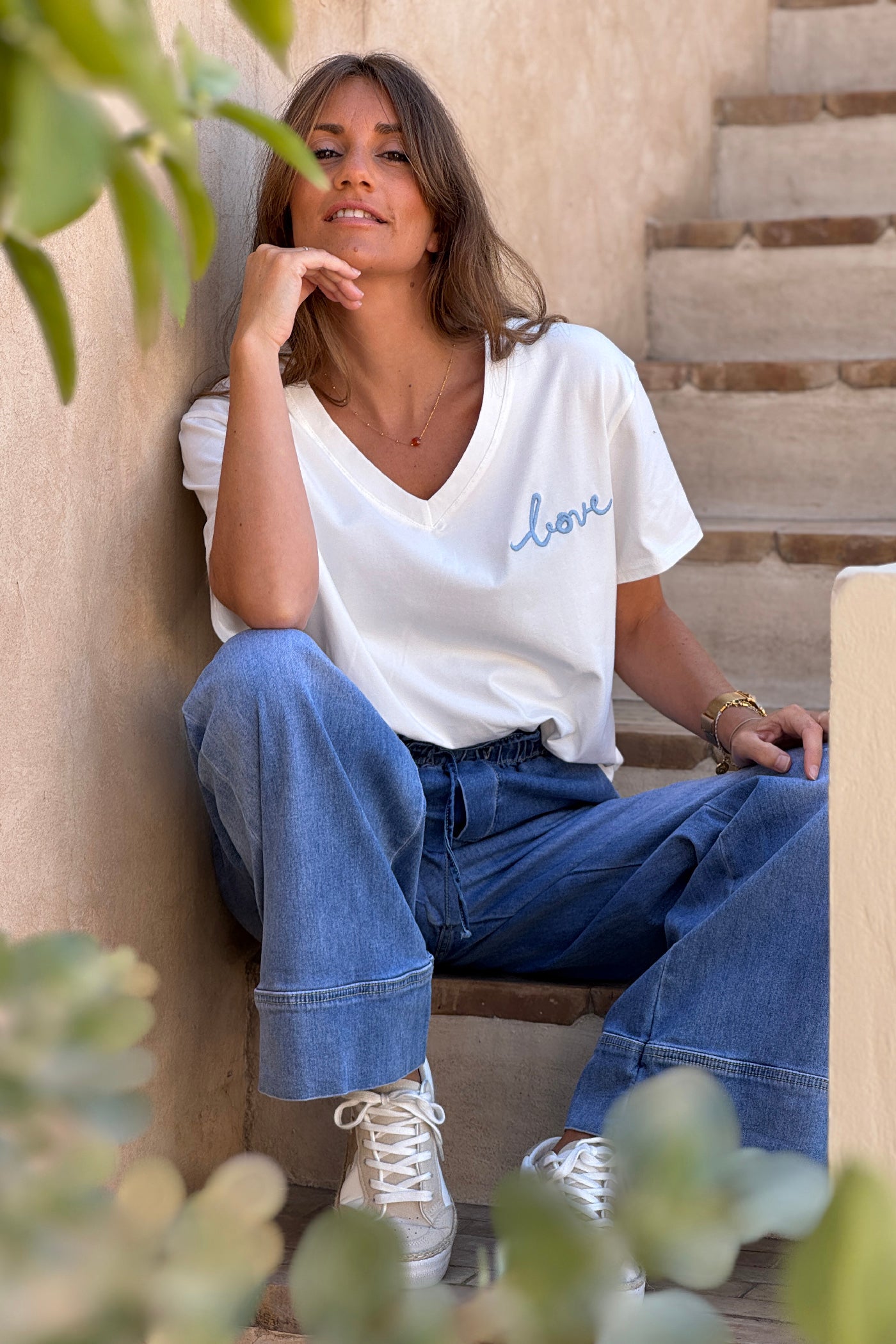 Jean délavé clair large wide avec ourlet taille élastique