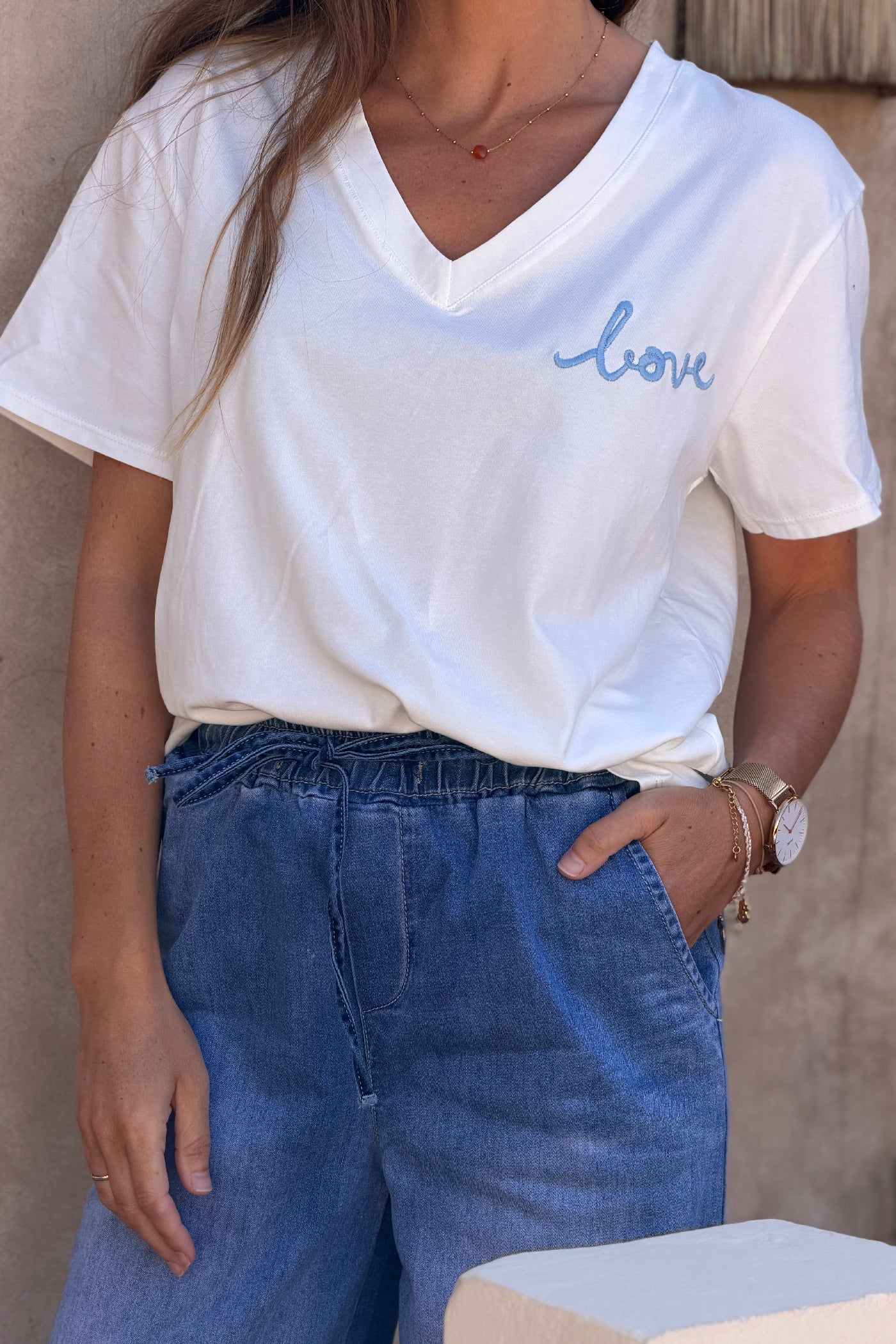 Jean délavé clair large wide avec ourlet taille élastique