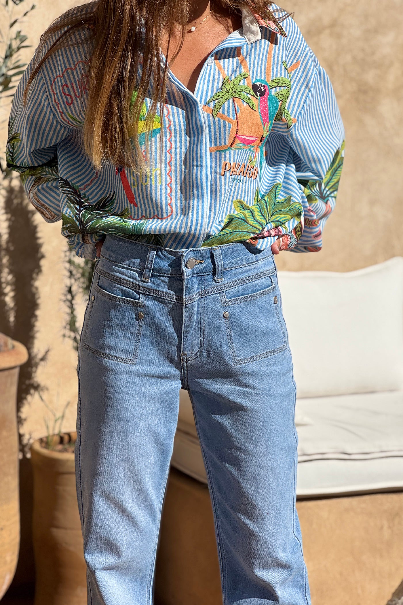 Jean délavé clair patte d'eph poches couture