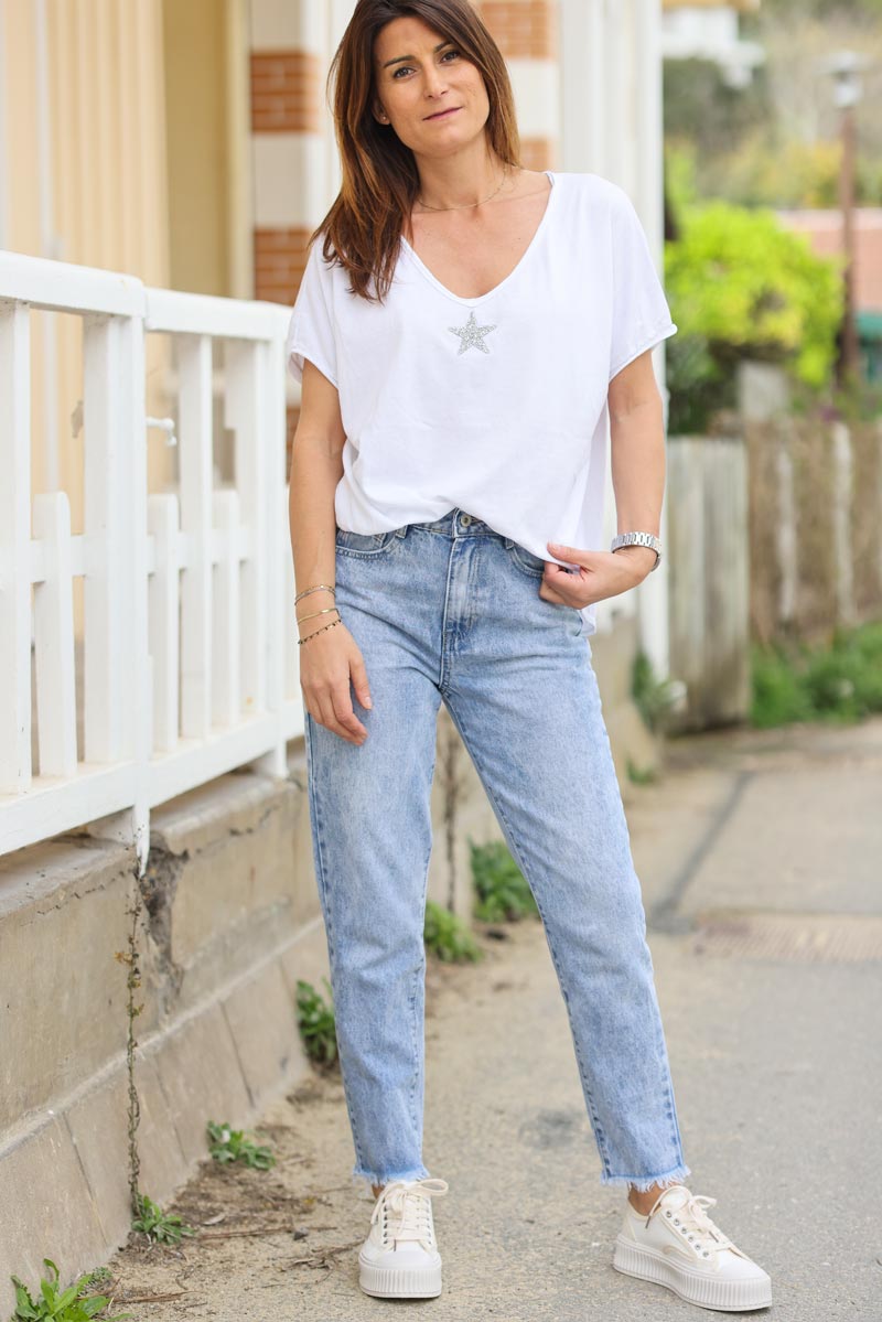 Jean delave clair taille haute coupe mom petite franges g044 (1)