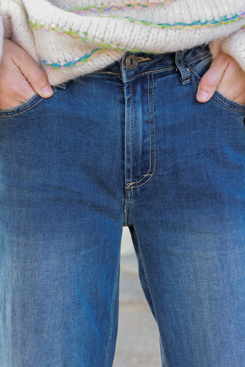 Medium Wash Sandblasted Wide-Leg Jeans