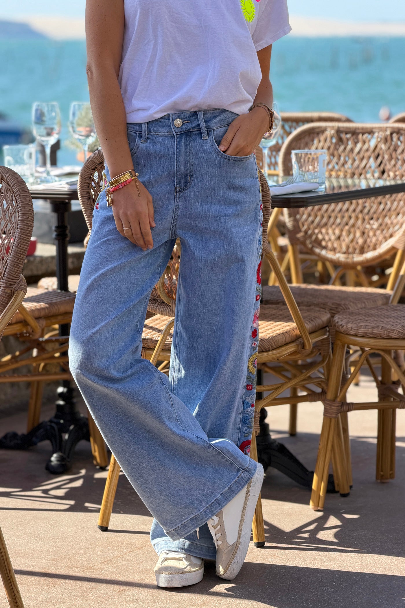 Light Chambray Embroidered Floral Straight-Leg Jeans