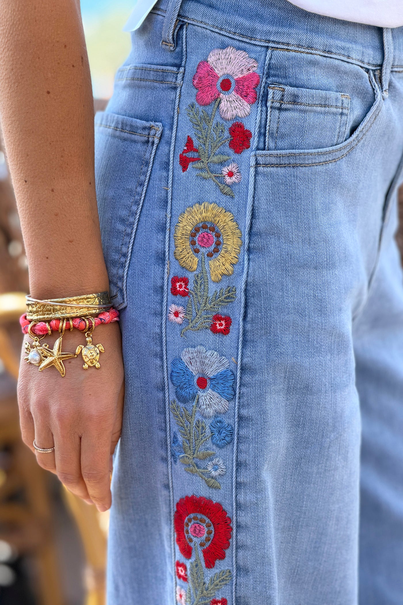 Light Chambray Embroidered Floral Straight-Leg Jeans