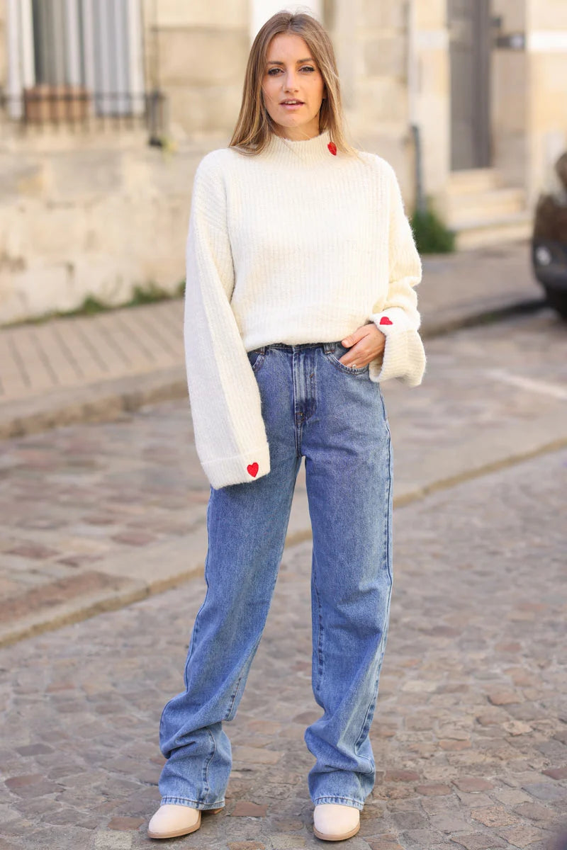 Washed denim long wide leg jeans