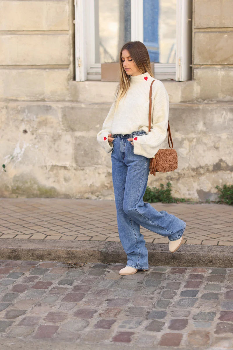 Washed denim long wide leg jeans