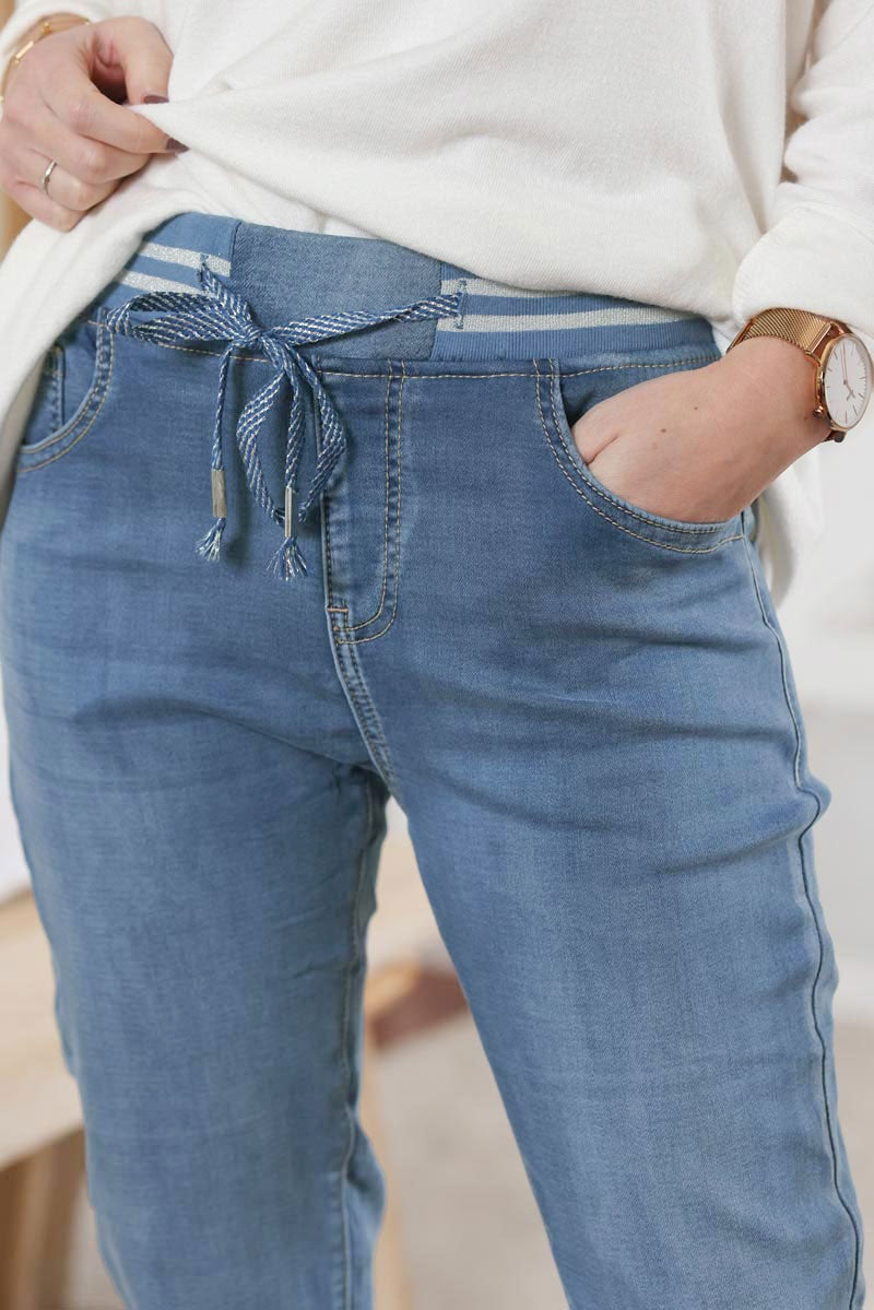 Washed blue jean comfort stretch troursers with silver elasticated waist