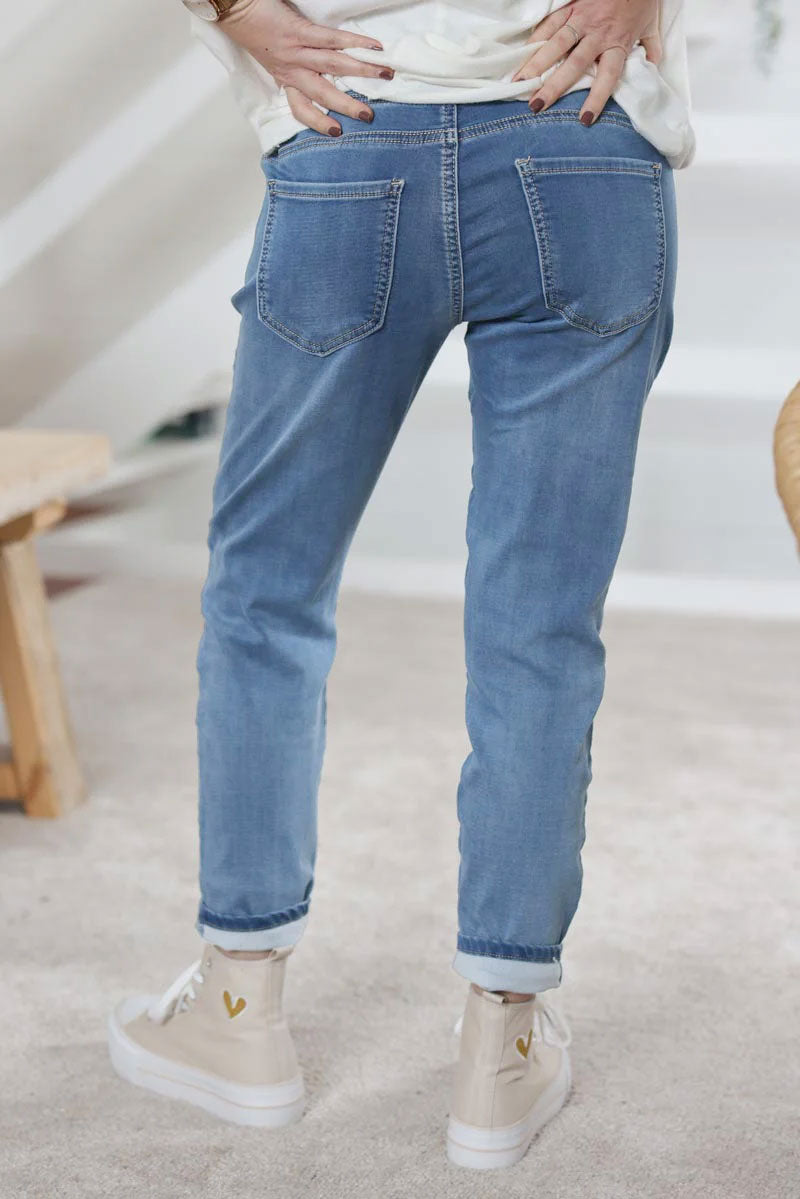 Washed blue jean comfort stretch troursers with silver elasticated waist