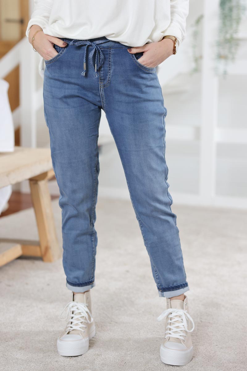 Jean delave stretch confort ceinture elastique rayee brillante h005 (1)