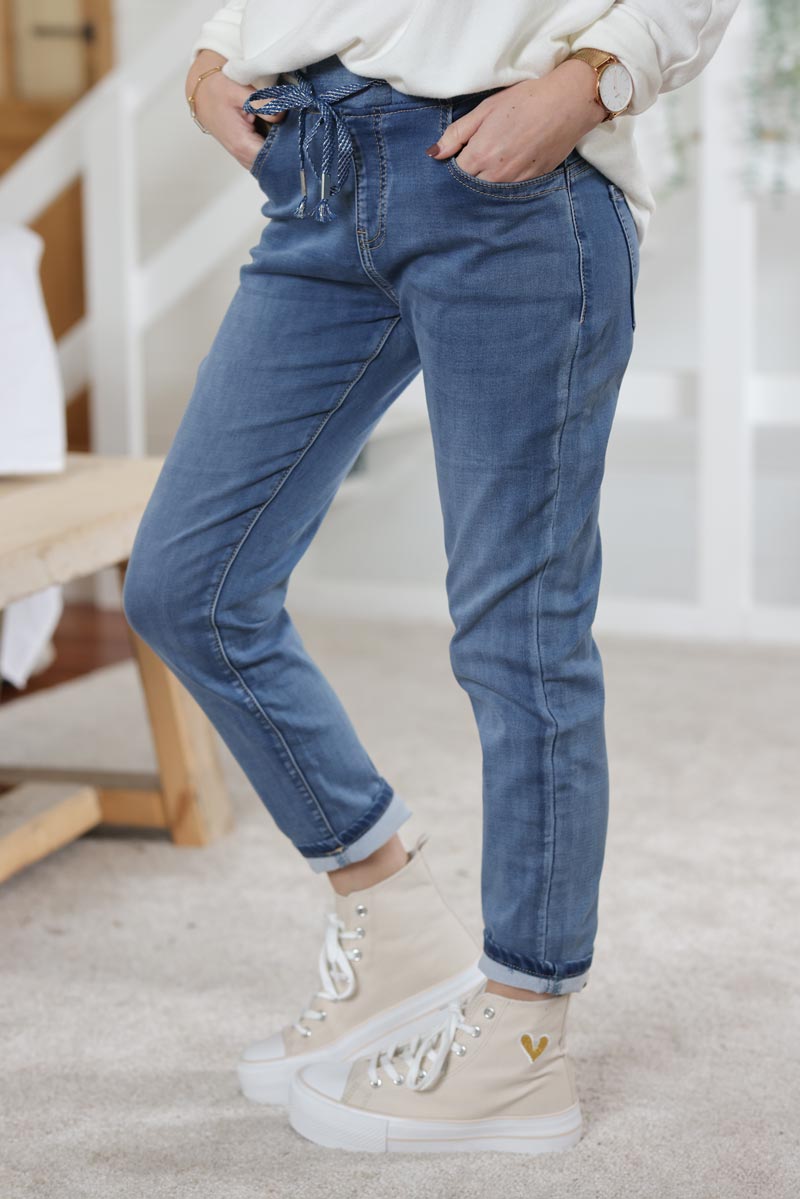 Jean delave stretch confort ceinture elastique rayee brillante h005 (1)