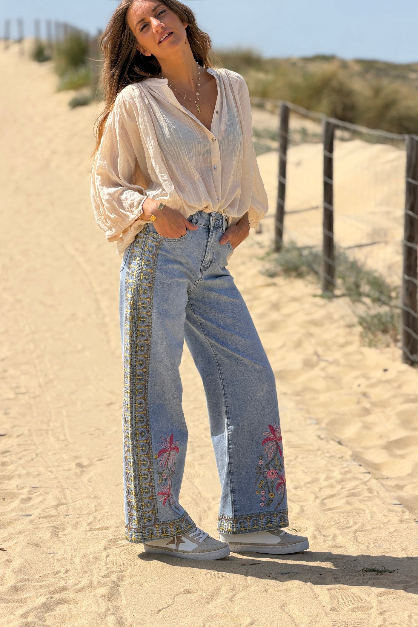 Chambray Embroidered Tropical Border Print Wide-Leg Jeans