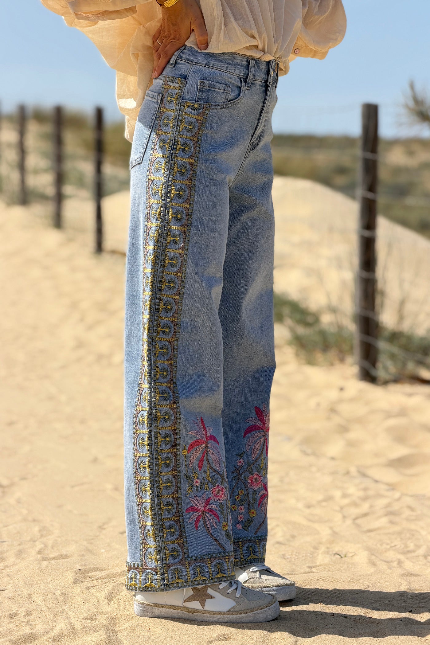 Chambray Embroidered Tropical Border Print Wide-Leg Jeans