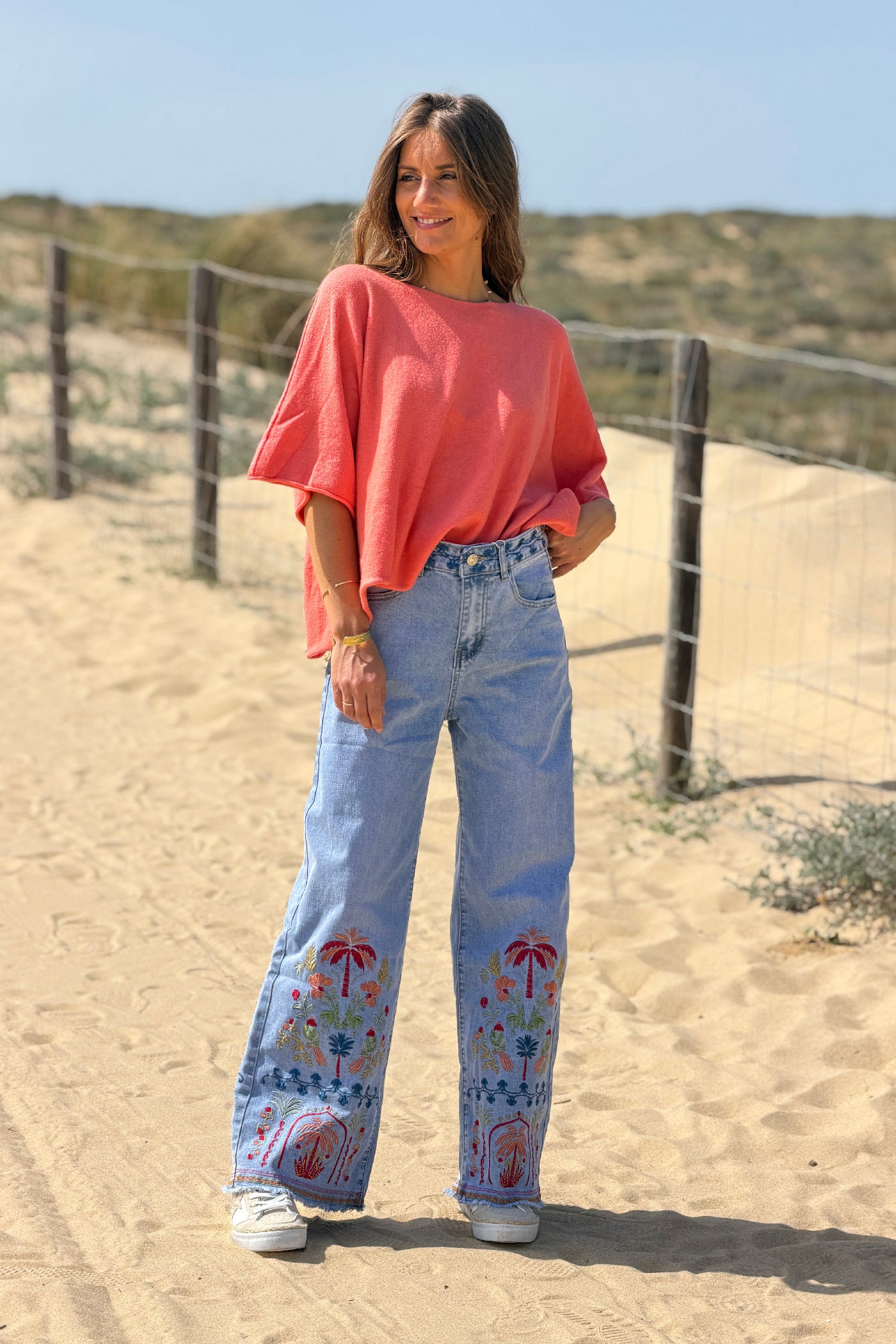 Chambray Tropical Embroidered Wide-Leg Jeans