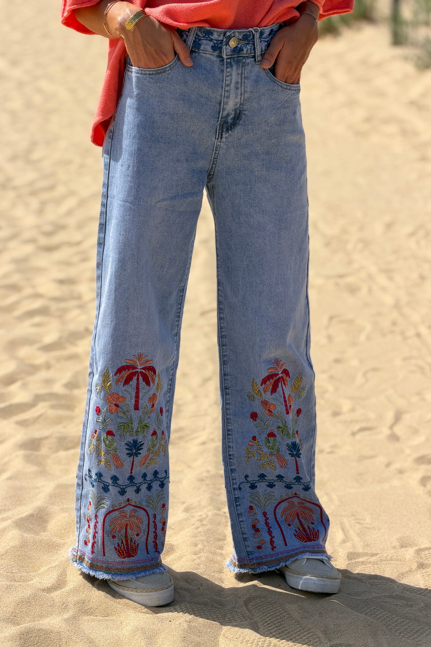 Chambray Tropical Embroidered Wide-Leg Jeans