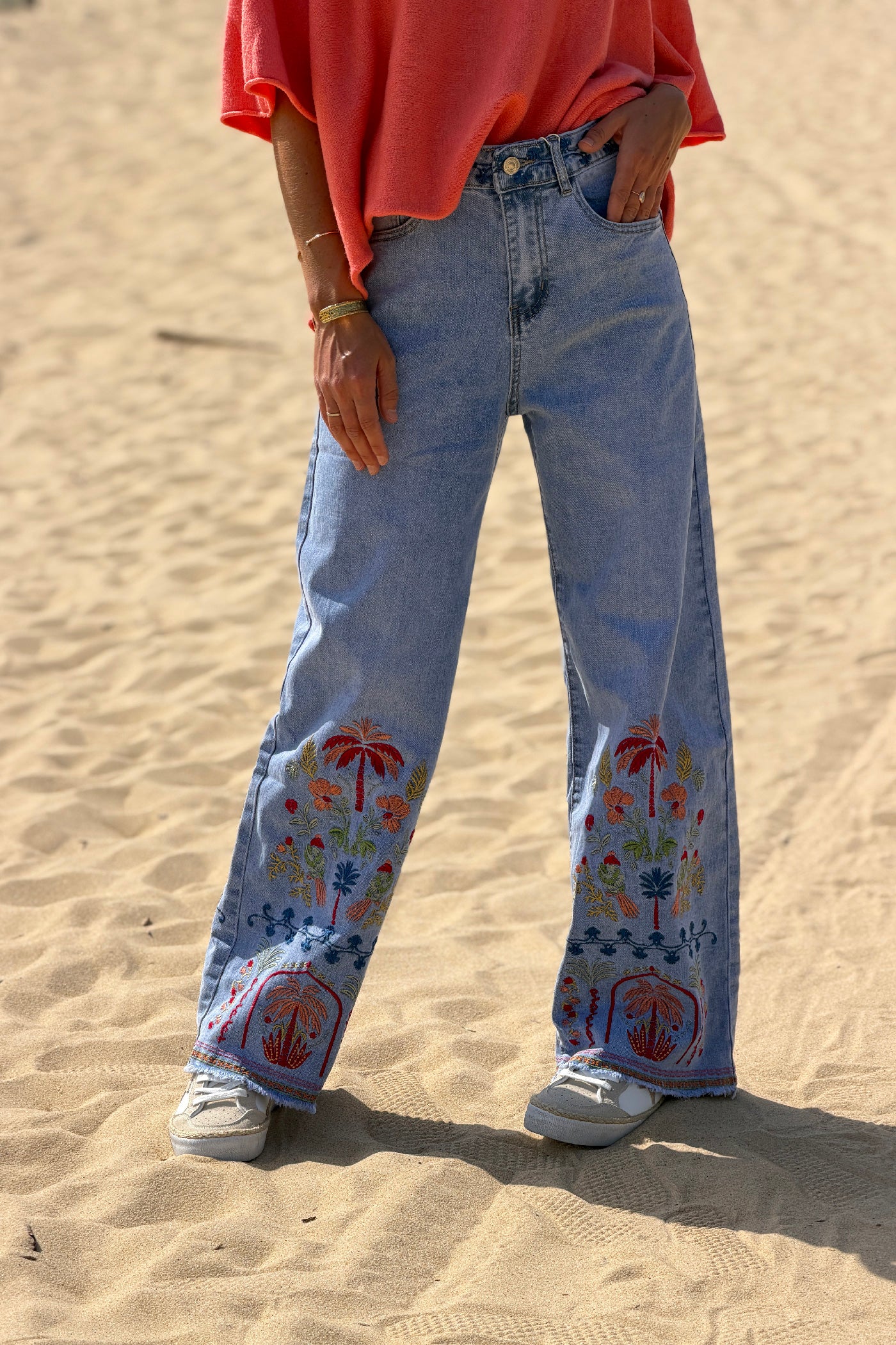 Chambray Tropical Embroidered Wide-Leg Jeans